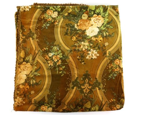 An early 20th C French printed velvet curtain with floral design within an Art Nouveau framework, 114 x 122 cm ( gathered at 