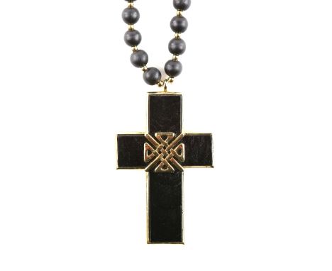 Biba large cross pendant with emblem on black wood  on a beaded necklace, pendant, 9.5 cm .       Overall good conditionNeckl