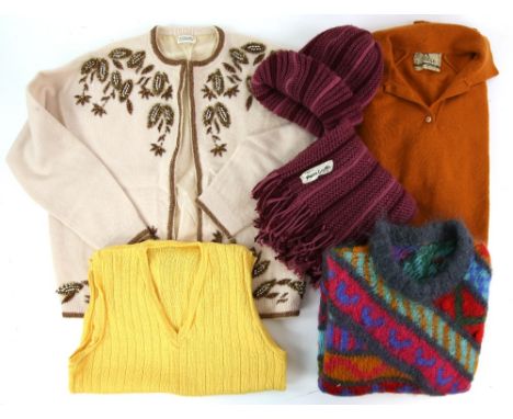 Collection of vintage knitwear to include an angora lambs wool beaded cardigan late 1960s, 1980s,  jumper in mohair and match