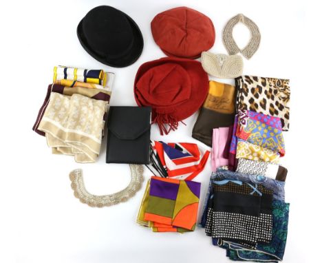 Quantity of 26 vintage fashion scarves including Liberty, and Givenchy, in silk and other materials, Harrods  red suede peek 