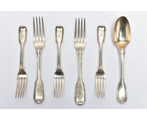 A SMALL PARCEL OF VICTORIAN FIDDLE AND THREAD PATTERN FLATWARE, comprising two table forks and three dessert forks, engraved 