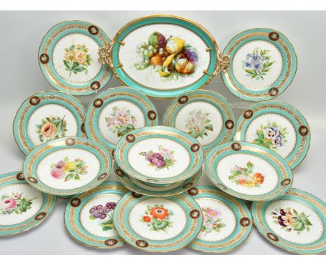 A VICTORIAN COALPORT TWIN HANDLED OVAL PLATTER AND A VICTORIAN PORCELAIN PART DESSERT SERVICE, the Coalport platter moulded w