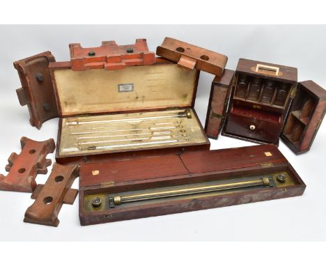 A VICTORIAN MAHOGANY TRAVELLING APOTHECARY'S BOX AND OTHER SCIENTIFIC EQUIPMENT AND APPARATUS, comprising the Victorian mahog