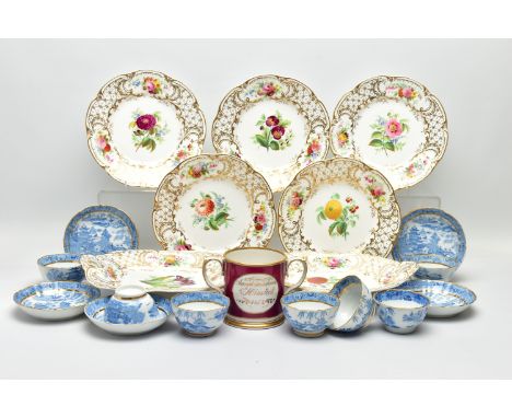 A GROUP OF LATE 18TH AND 19TH CENTURY BRITISH PORCELAIN TEA AND DESSERT WARES, ETC, comprising  Staffordshire seven tea bowls