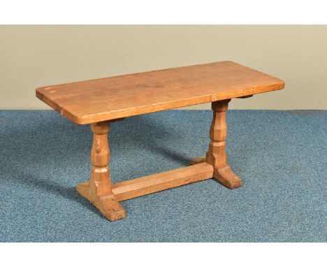 ROBERT 'MOUSEMAN' THOMPSON OF KILBURN, A 3FT OAK RECTANGULAR COFFEE TABLE, with an adzed top, twin octagonal legs united by a