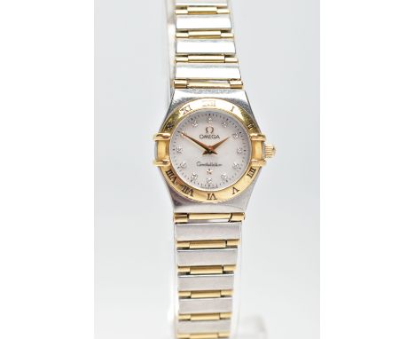 AN OMEGA CONSTELLATION WRISTWATCH, quartz movement, round mother of pearl dial signed 'Omega constellation', diamond spot mar