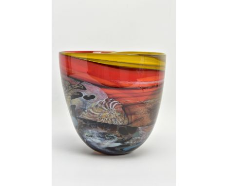 ANTHONY STERN (1944-2022) A SEASCAPE GLASS VASE, INCISED SIGNATURE TO THE BASE, multi coloured swirl decoration, approximate 