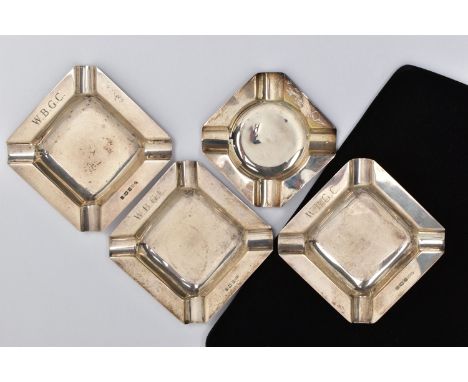 FOUR ELIZABETH II SILVER ASHTRAYS, three plain polished square ashtrays with rounded corners, engraved 'W.B.G.C' for 'Whittin