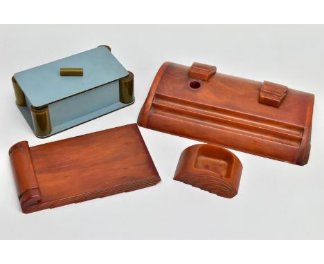 THREE PIECES OF ART DECO CARVACRAFT DESK ACCESSORIES IN AMBER BAKELITE, comprising a desk stand fitted with red and black ink