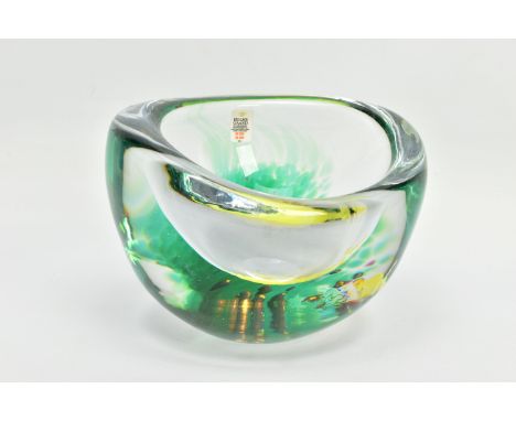 PER LUTKIN (1916-1998) FOR HOLMEGAARD, A GRAAL GLASS BOWL, yellow and green cased in clear glass, incised PL monogram and 351