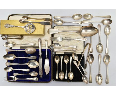 ASSORTED 19TH AND 20TH CENTURY SILVER FLATWARE a bright cut desert fork and spoon set, the spoon old English and fork Hanover