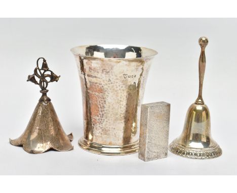 FOUR PIECES OF 20TH CENTURY SILVER, comprising a George V beaker, hand hammered finish, retailed by Harrods, maker Harrods Lt