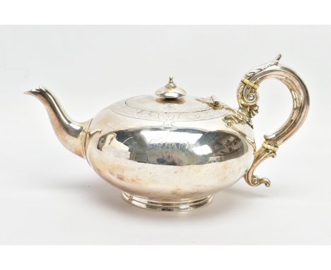 A MID VICTORIAN SILVER TEAPOT OF COMPRESSED MELON FORM, domed circular finial, S scroll handle with ivory insulators, engrave