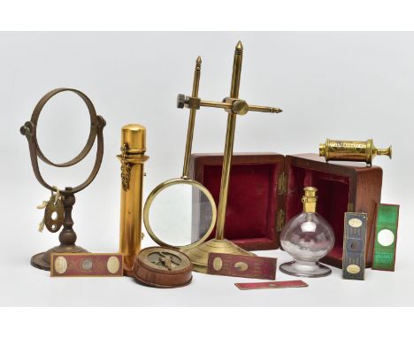 A VICTORIAN WALNUT CASED MAW OF LONDON BRASS AND GLASS BREAST PUMP AND A SMALL QUANTITY OF OTHER SCIENTIFIC APPARATUS, ETC, t