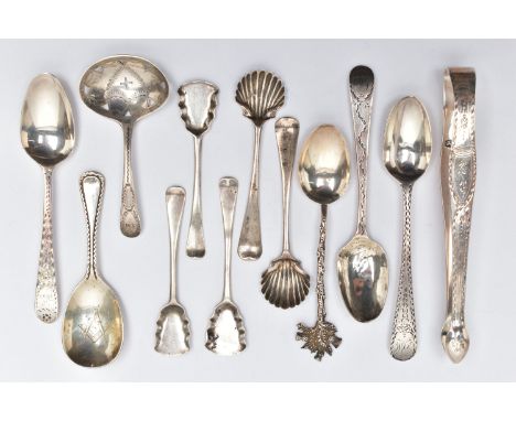 A SMALL PARCEL OF 18TH, 19TH AND 20TH CENTURY SILVER TEASPOONS, CONDIMENT SPOONS, CADDY SPOONS, ETC, including a pair of Hest