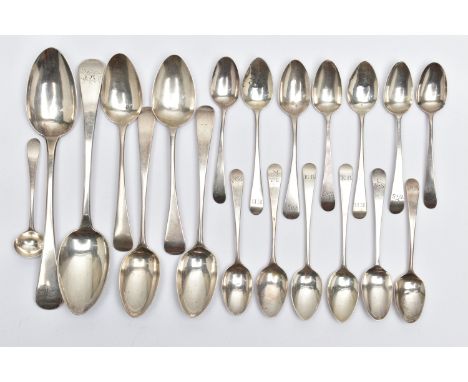 A PARCEL OF LATE 18TH AND 19TH CENTURY SILVER OLD ENGLISH PATTERN SPOONS, including a pair of tablespoons, engraved initials,