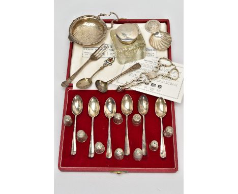 A PARCEL OF LATE 18TH, 19TH AND 20TH CENTURY SILVER, to include a pair of George III scissor action sugar tongs, engraved ini