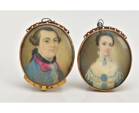 TWO GOLD GEORGIAN PORTRAIT MINIATURE CLASPS, hand painted on ivory, one of a gentleman in a blue waistcoat and the other of a