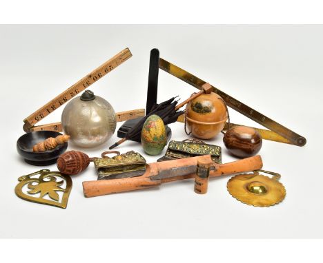 A BOX OF 19TH AND 20TH CENTURY TREEN, METALWARES AND GLASS, including a wooden shaped egg with papered world map decoration a