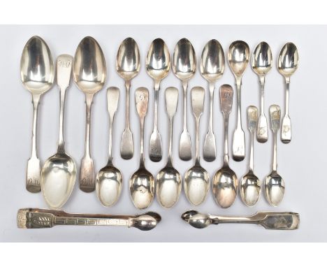 A PARCEL OF ASSORTED 19TH CENTURY FIDDLE PATTERN FLATWARE, including a pair of Peter &amp; William Bateman sugar tongs, brigh