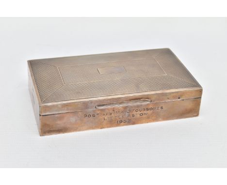 AN ELIZABETH II SILVER CIGARETTE BOX OF RECTANGULAR FORM, engine turned and vacant cartouche, engraved to the front 'Post and