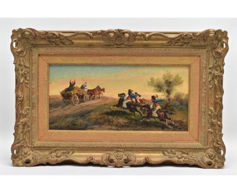 ALFRED STEINACKER (AUSTRIA 1938-1914) 'BRIGANDS ATTACKING A PRIEST FLEEING ON A HAYCART DURING THE HUNGARIAN MARCHES', signed