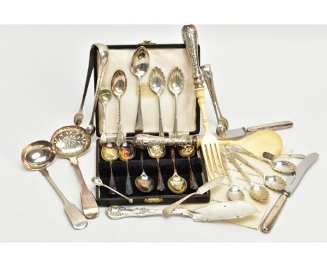 A PARCEL OF SILVER AND SILVER HANDLED CUTLERY AND FLATWARE, including a William IV Scottish Fiddle pattern sauce ladle, maker