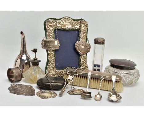 A PARCEL OF ASSORTED DRESSING TABLE SILVER, DECANTER LABELS, OLD SHEFFIELD PLATE WINE FUNNEL, WHITE METAL ITEMS,ETC, includin