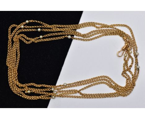 A MID 19TH CENTURY FRENCH 18CT YELLOW GOLD SEED PEARL LONGUARD CHAIN, designed as a fine double link chain with fourteen seed