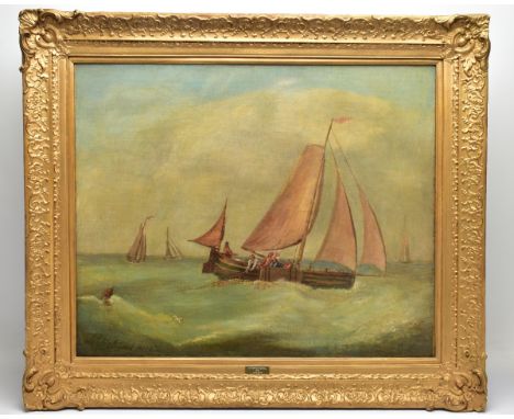 LOUIS BLAND (19TH CENTURY) FISHERMEN IN A BOAT HAULING IN A NET, three other boats to the distance on choppy seas, signed and