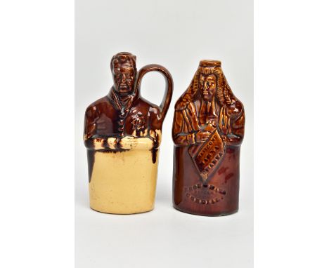 A 19TH CENTURY JOSEPH THOMPSON HARTSHORNE POTTERY TREACLE GLAZED BROUGHAM REFORM CORDIAL FLASK, modelled as holding a Lord Br