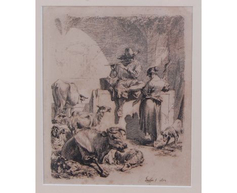 Nicolaes Bercham (1620-1683) - The shepherd seated at a fountain, etching, signed and dated lower right 1652, 27 x 23cm