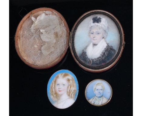 Early 19th century school - Portrait miniature of a middle-aged lady, wearing a black dress and silk bonnet, watercolour on i