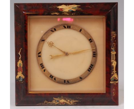 An early 20th century tortoiseshell and gilt brass cased strut clock, with chinoisserie decoration, silvered dial, eight day 