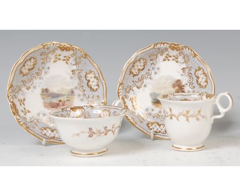 A Grainger's Worcester porcelain teacup and saucer, with matching coffee cup and saucer, each polychrome enamel decorated wit