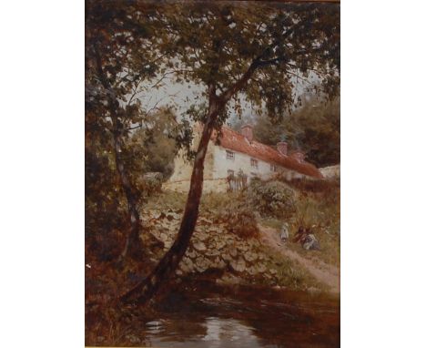 E H Holder (19th century) - Children playing on the riverbank, oil on canvas, signed lower right, 43 x 32cm 