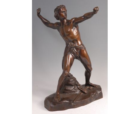 A late 19th century Coalbrookdale bronze figure of a semi-nude standing male, probably David, standing with shepherd's crook 