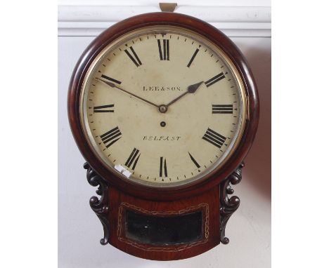 An early Victorian rosewood droptrunk wall clock, the white enamel dial signed Lee & Son of Belfast, single winding hole for 