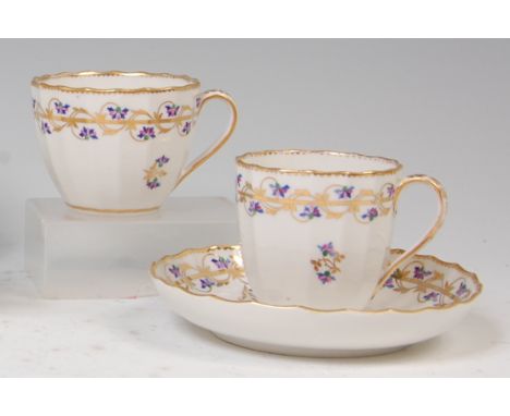 A late 18th century Derby porcelain trio, of fluted design, enamel and gilt decorated with flowers, pattern No.16, puce mark