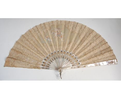 A late 19th century mother of pearl and painted lacework fan, comprising sixteen sticks between two end guards, the lace havi
