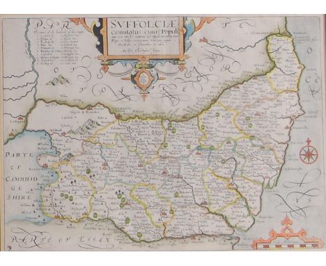 Christopher Saxton - Engraved county map of Suffolk, later hand-coloured, taken from the 1637 edition, 28 x 38cm  Condition R