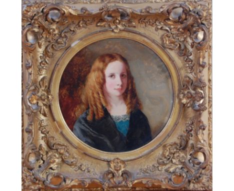 Late 19th century English school - Head and shoulders portrait of a girl, oil on canvas, framed as a circle, monogrammed SMB,