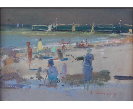 Frederick G R Cumming (b.1930) - Bathers on the beach, oil on artist board, signed lower right, 12 x 17cm 
