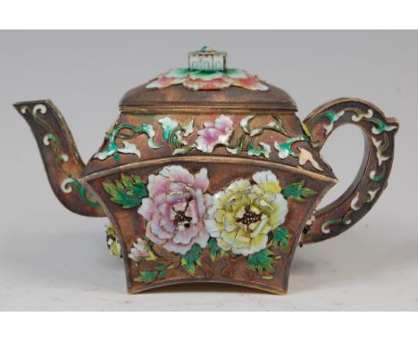 A Chinese export silver gilt and enamel bachelors teapot, the whole with raised scroll leaf and flower decoration, inlaid in 