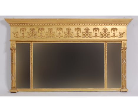 A late 19th century giltwood and gesso chimney mirror, having classical frieze above three bevelled mirror plates, h.88cm, w.