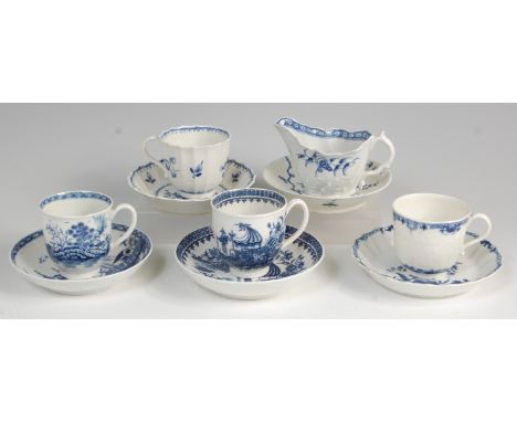 A collection of first period Worcester blue and white wares, comprising; three coffee cans and saucers (to include fluted exa