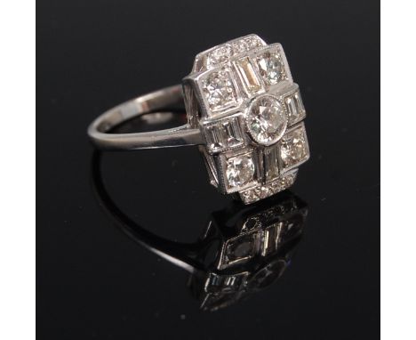 A ladies Art Deco 18ct white gold and diamond set cocktail ring, arranged as a centre brilliant weighing approx 0.45ct, in a 