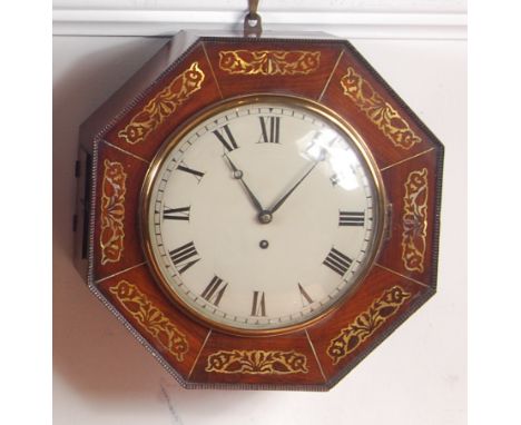 A circa 1830 rosewood wall clock, the octagonal case with mother of pearl inlays enclosing convex circular unsigned white ena