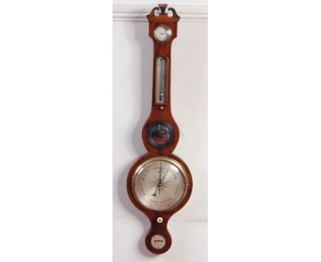 An early 19th century mahogany and inlaid five dial wheel barometer, signed to the balance scale V Carnova of Halesworth, h.9