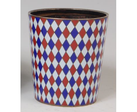 A Russian white metal and enamel beaker, decorated in red, white and blue lozenge medallions, unmarked, circa 1900, h.7cm